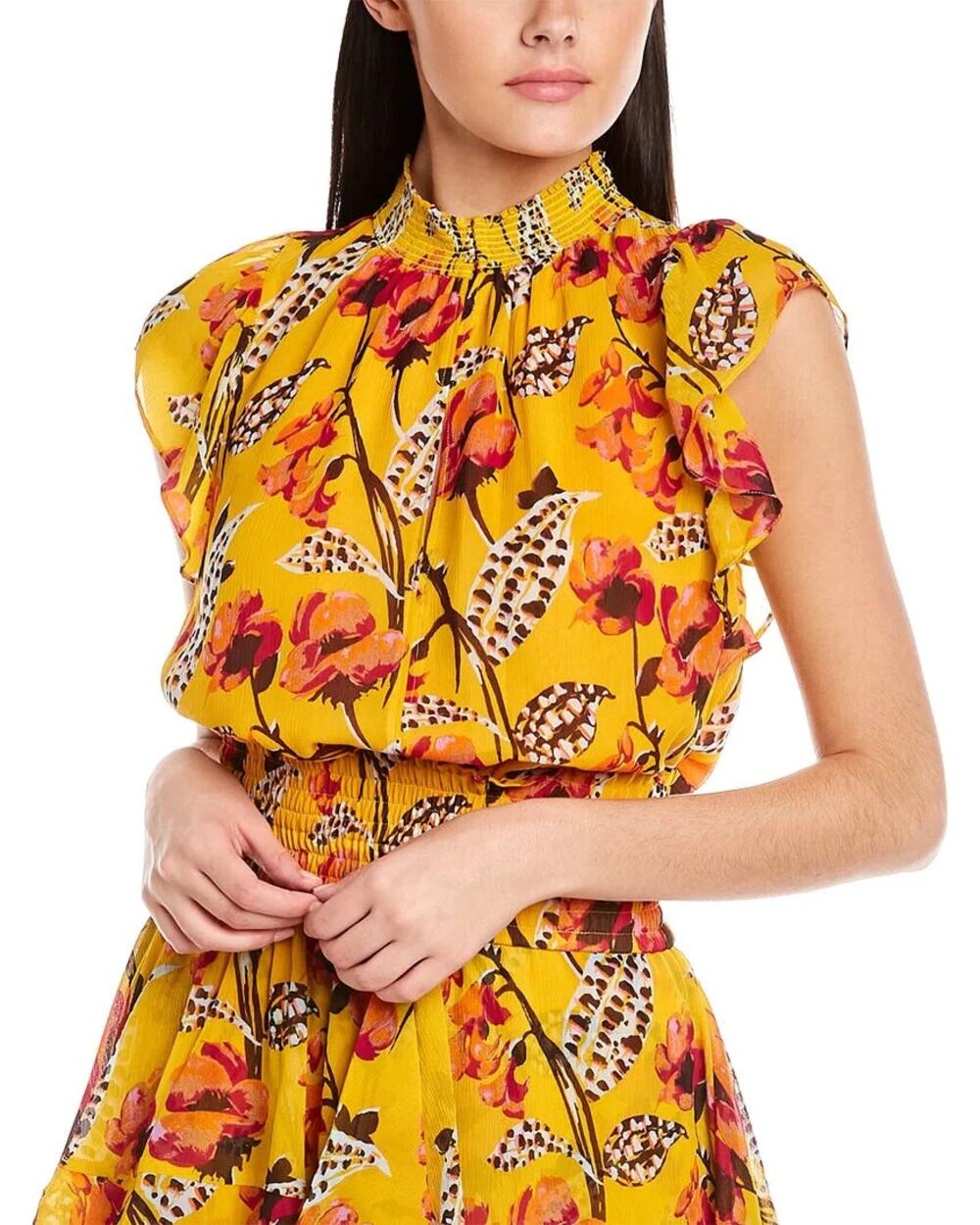 A.L.C. Hayley Floral Silk Flutter Sleeve High Neck Smocked Blouse Yellow Women 8